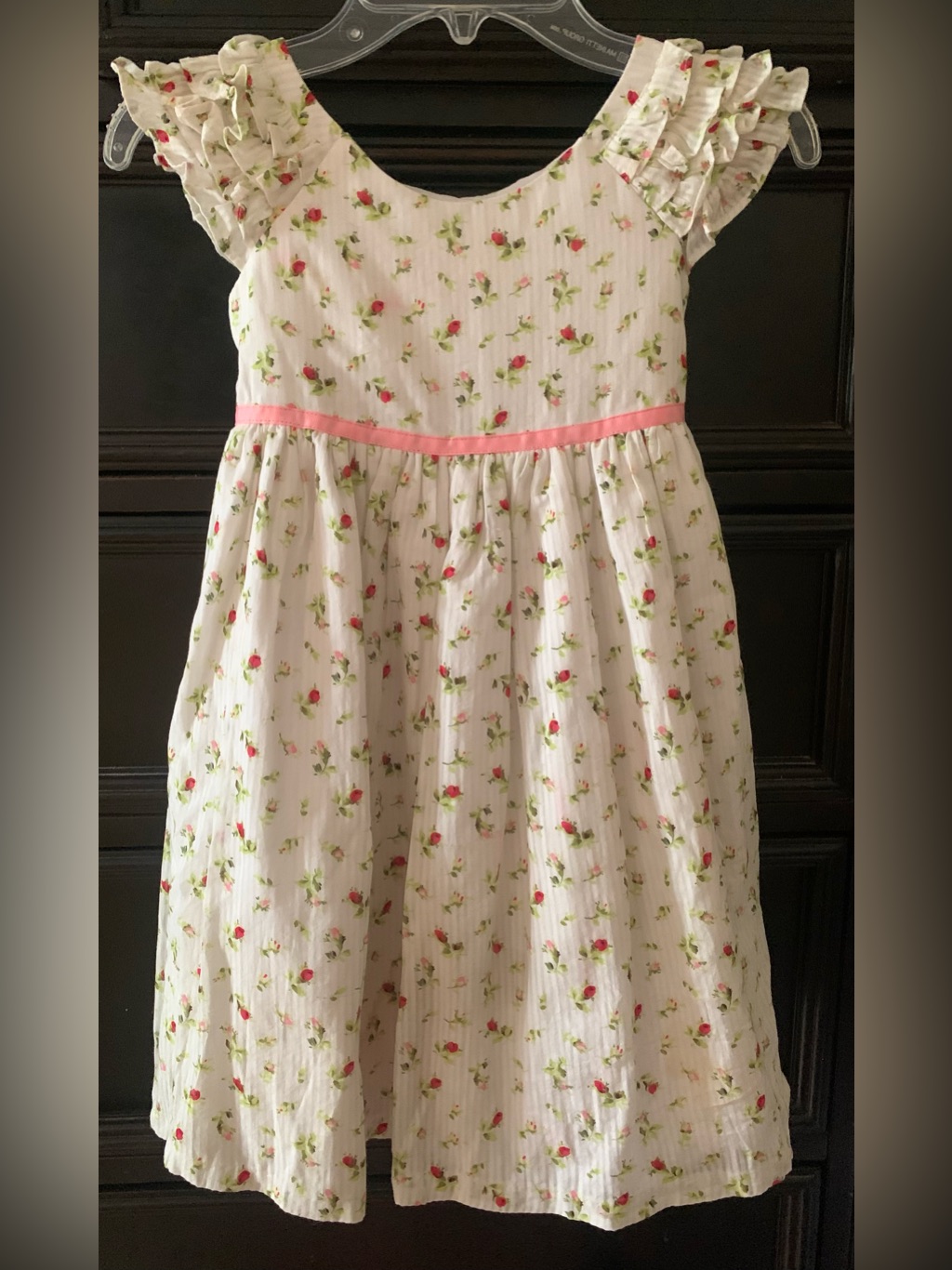 Laura Ashley Cream Floral Dress With Pink Ribbon Trim